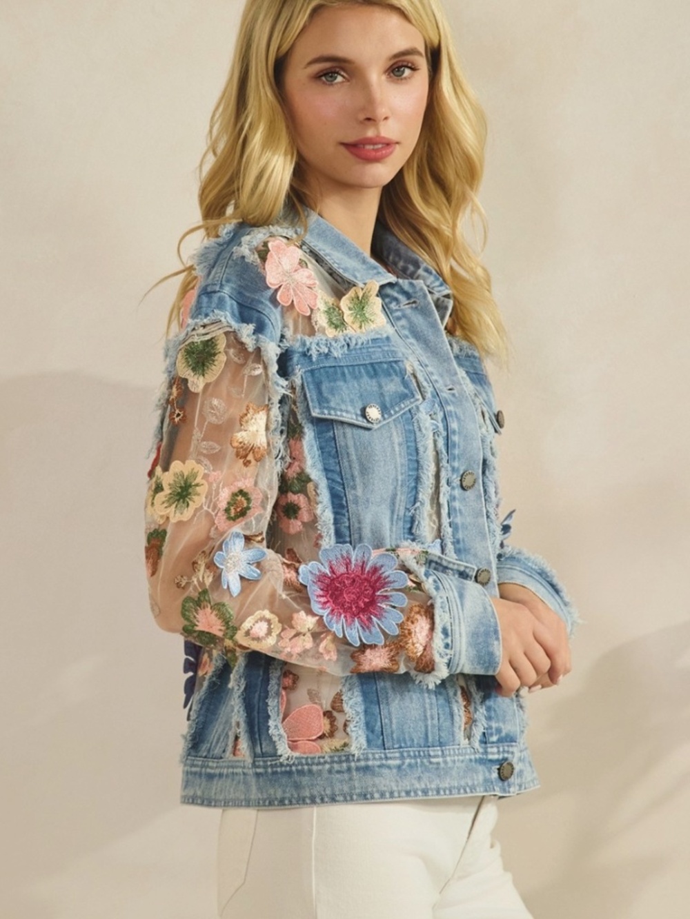 Western Floral Lace Appliqué Semi Sheer Button Down Frayed Jacket - Picture 5 of 10